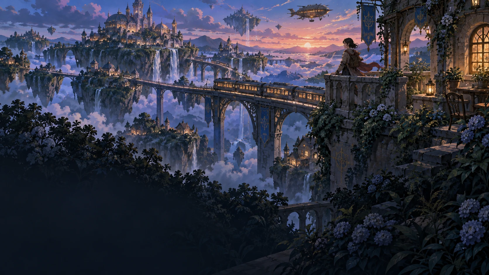 angrydance example: A fantasy city linked by bridges above a misty valley