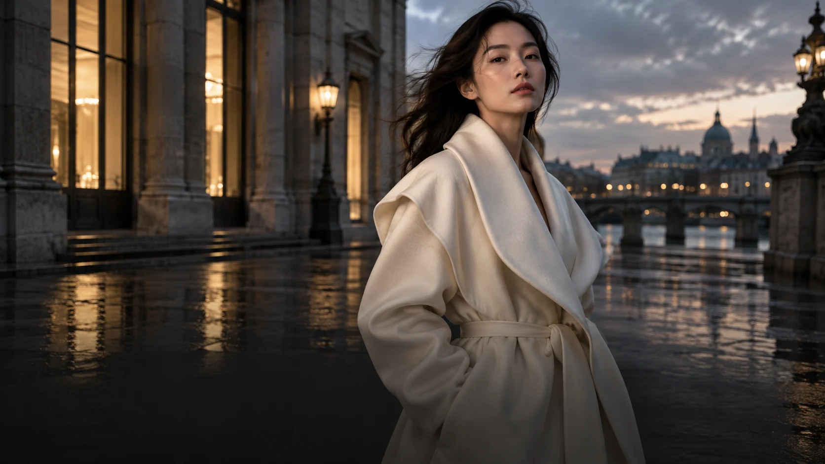 angrydance example: A woman in an ivory coat beside illuminated buildings at dusk