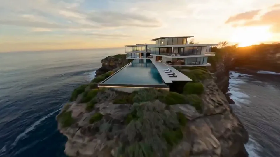 angrydance example: A modern house on a rocky coastal headland at sunset