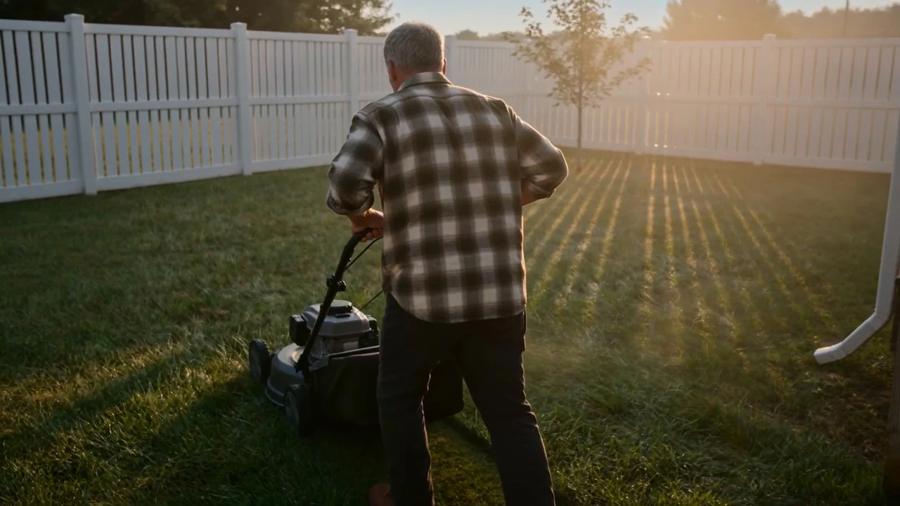 A person pushing a lawnmower across a sunlit lawn beside a white fence