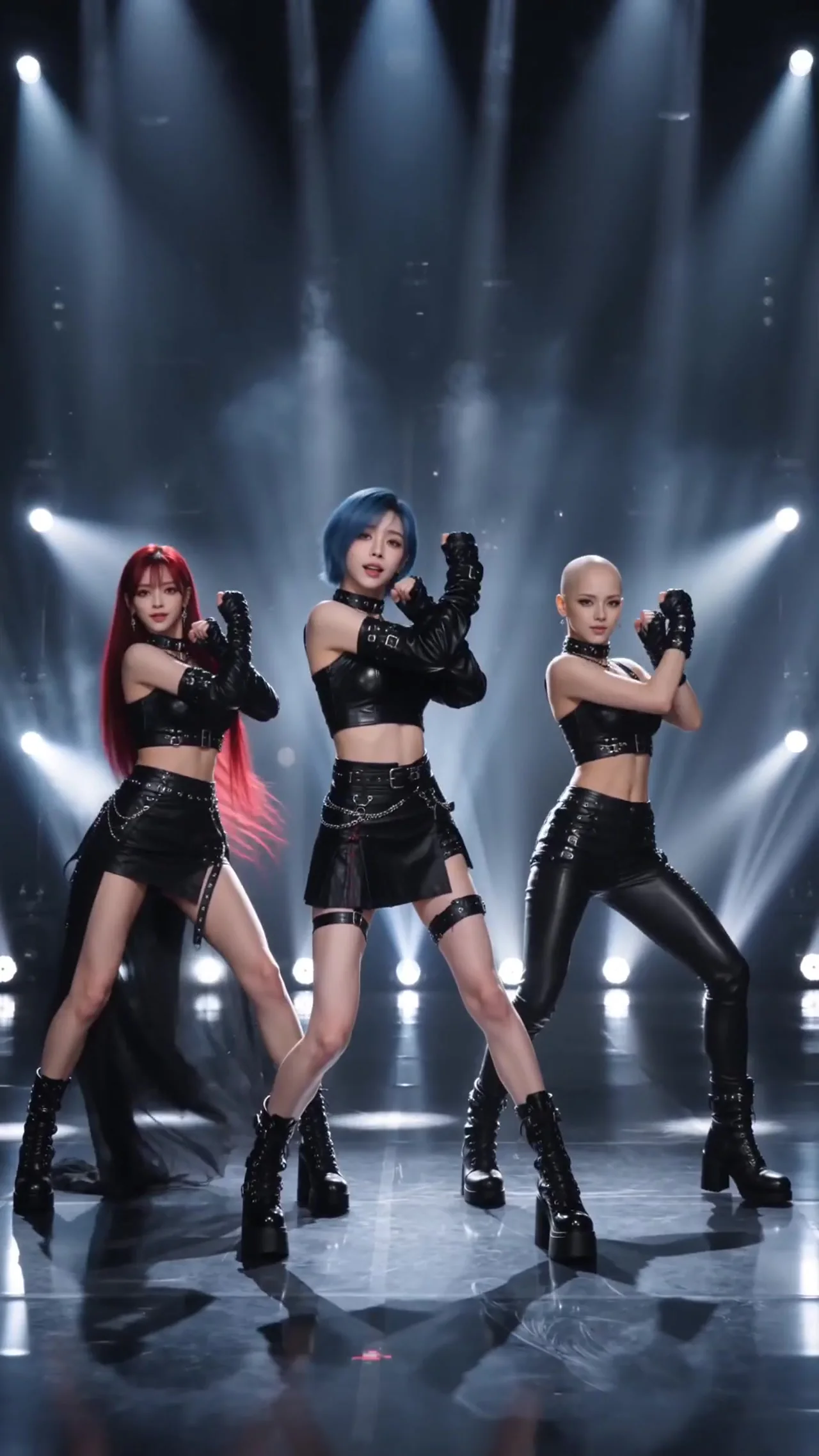 A group of dancers in black outfits under white stage beams