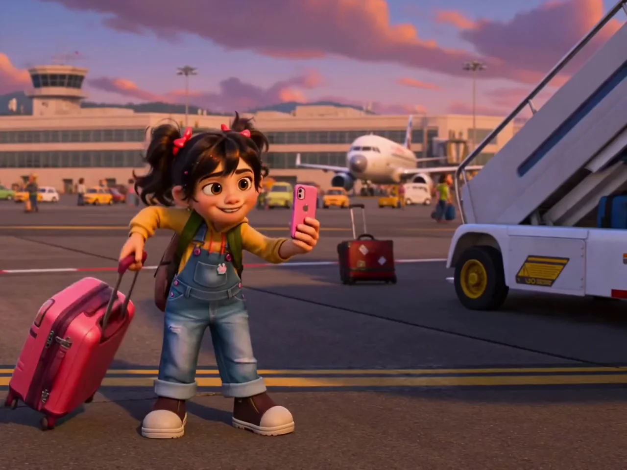 angrydance example: An animated airport scene with a child pulling a pink suitcase at sunset
