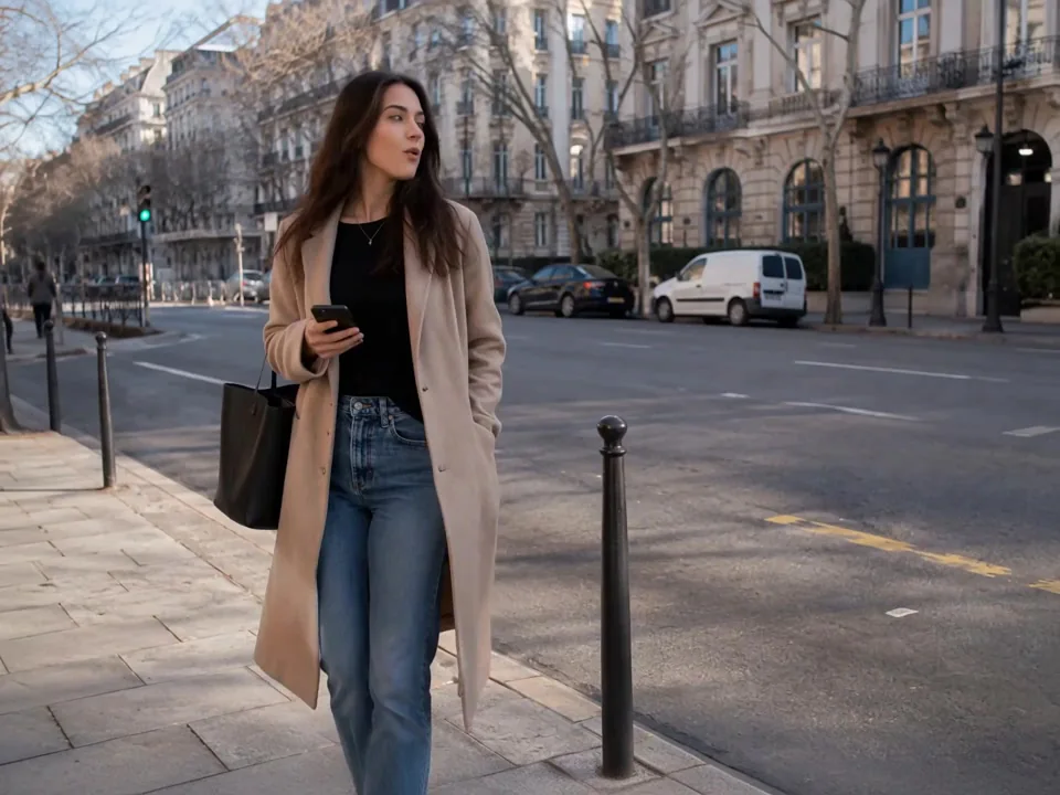 angrydance example: A woman in a long beige coat walking along a city pavement